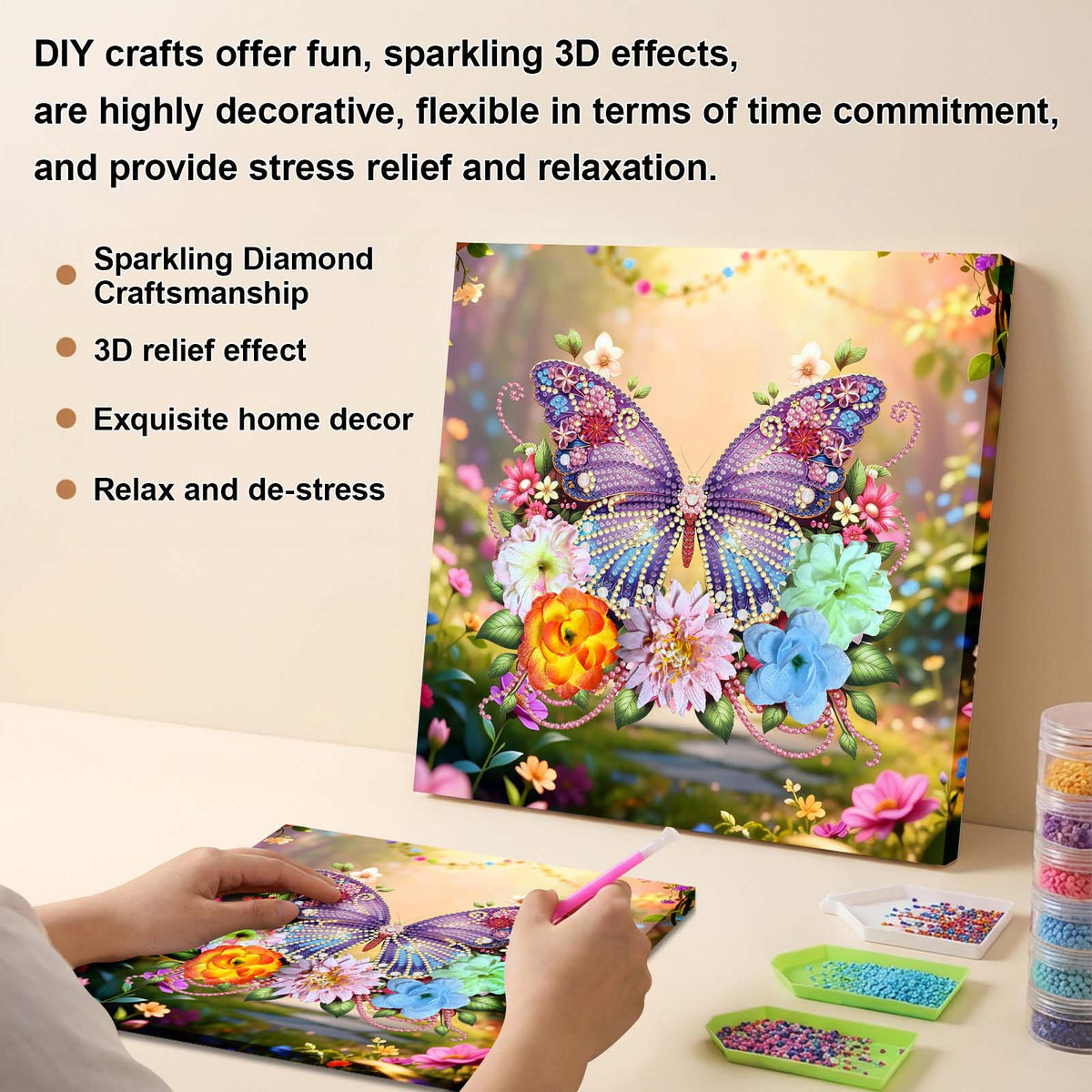 Pre-Framed 3D Rhinestones Butterfly With Artificial Flower Diamond Painting DIY Craft Kit