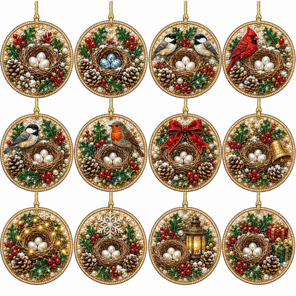 12 Pcs Diamond Painting PET Single-sided Xmas Birds Christmas Tree Hanging Ornaments