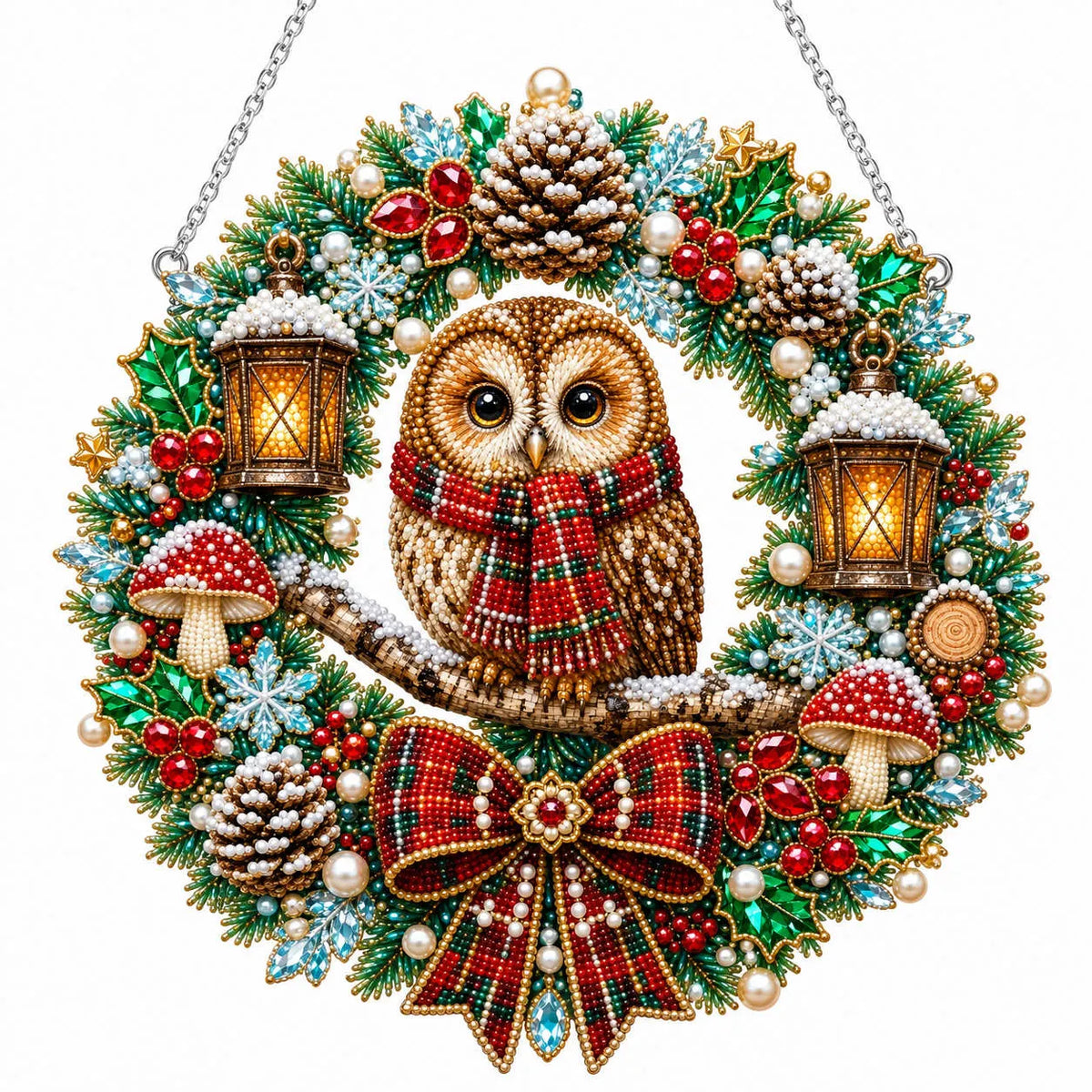Diamond Painting Acrylic Christmas Owl Wreath Pendant For Home Wall, Door & Window Decoration