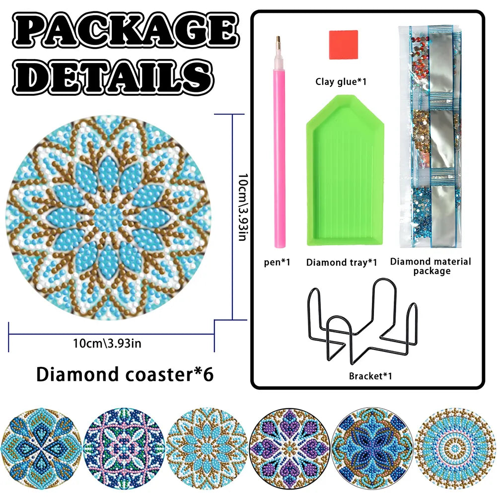6pcs/set Diamond Crafts Coasters with Holder Wooden Kit(Mandara)
