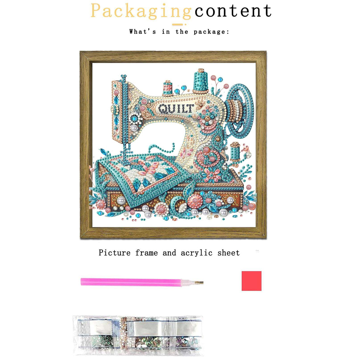 Sewing Machine DIY Special Shape Double sided Print Clear Diamond Art Kit Wooden Framed Diamond Painting Kit(22x22cm)