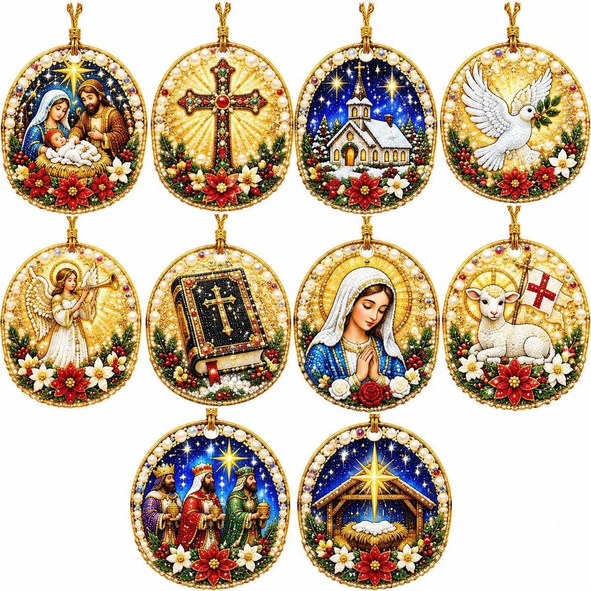 10Pcs Diamond Painting Acrylic Jesus Christmas Tree Ornament for Decorations