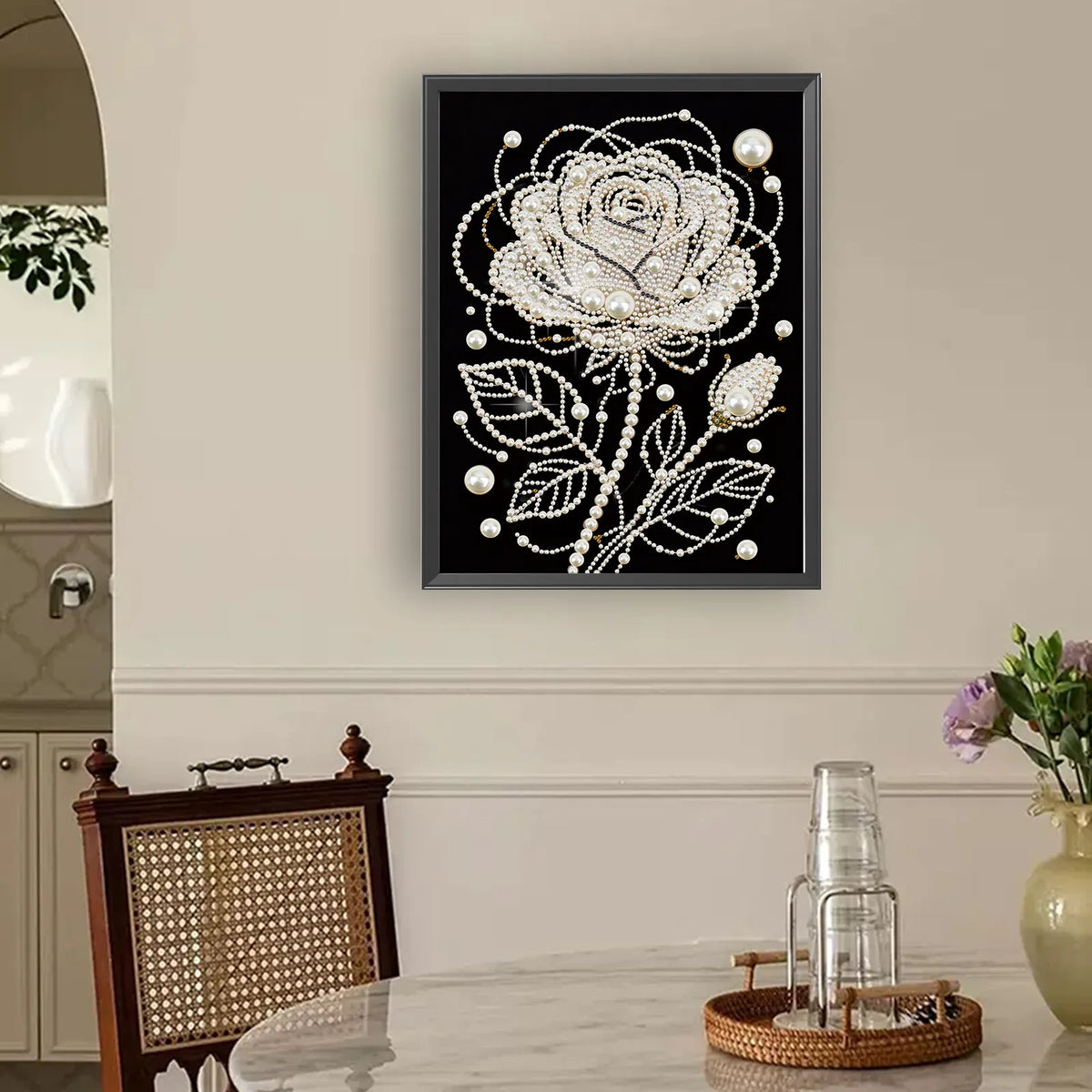 Rose Premium 5D Diamond Painting Kit Black & White Pearls painting Sparkling Special Shaped Diamond painting