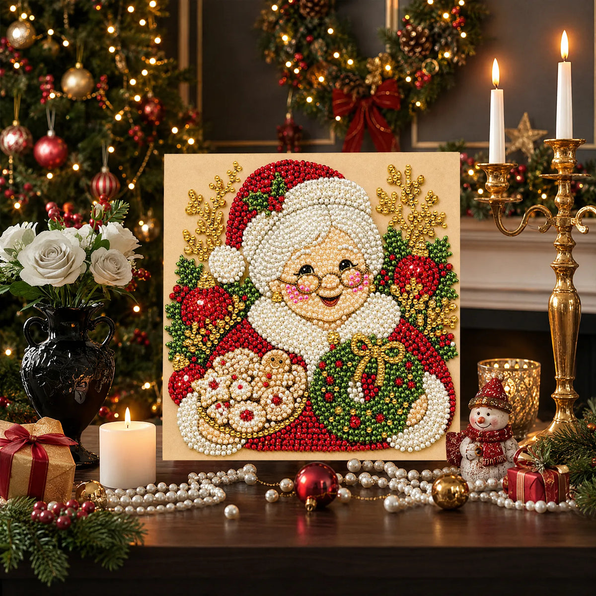 DIY Pearl Painting Christmas Gandmother with Frame(20x20cm)