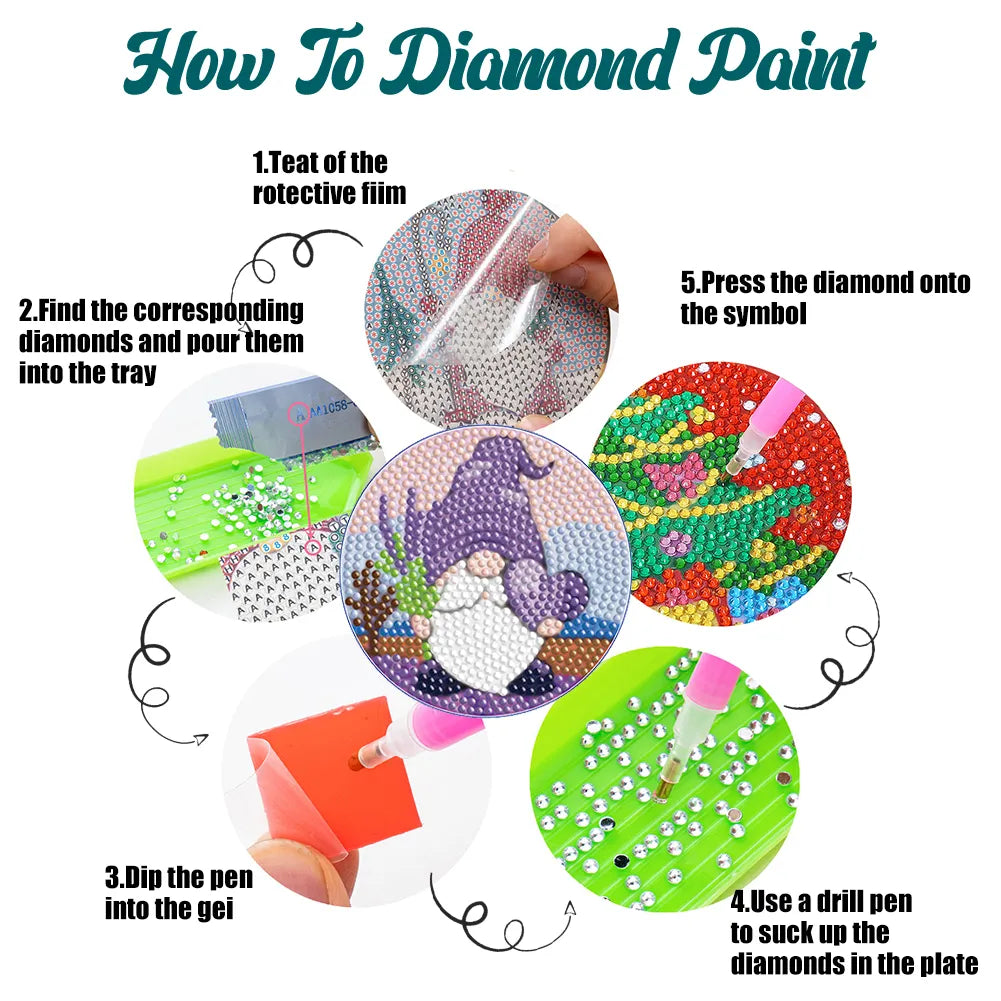 6pcs/set DIY Diamond Crafts Special Shape Coasters Kits (Lavender Gnome)