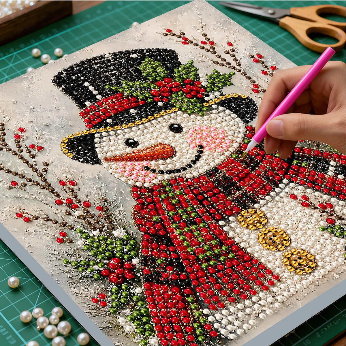 DIY Pearl Painting Christmas Snowman with Frame(20x20cm)