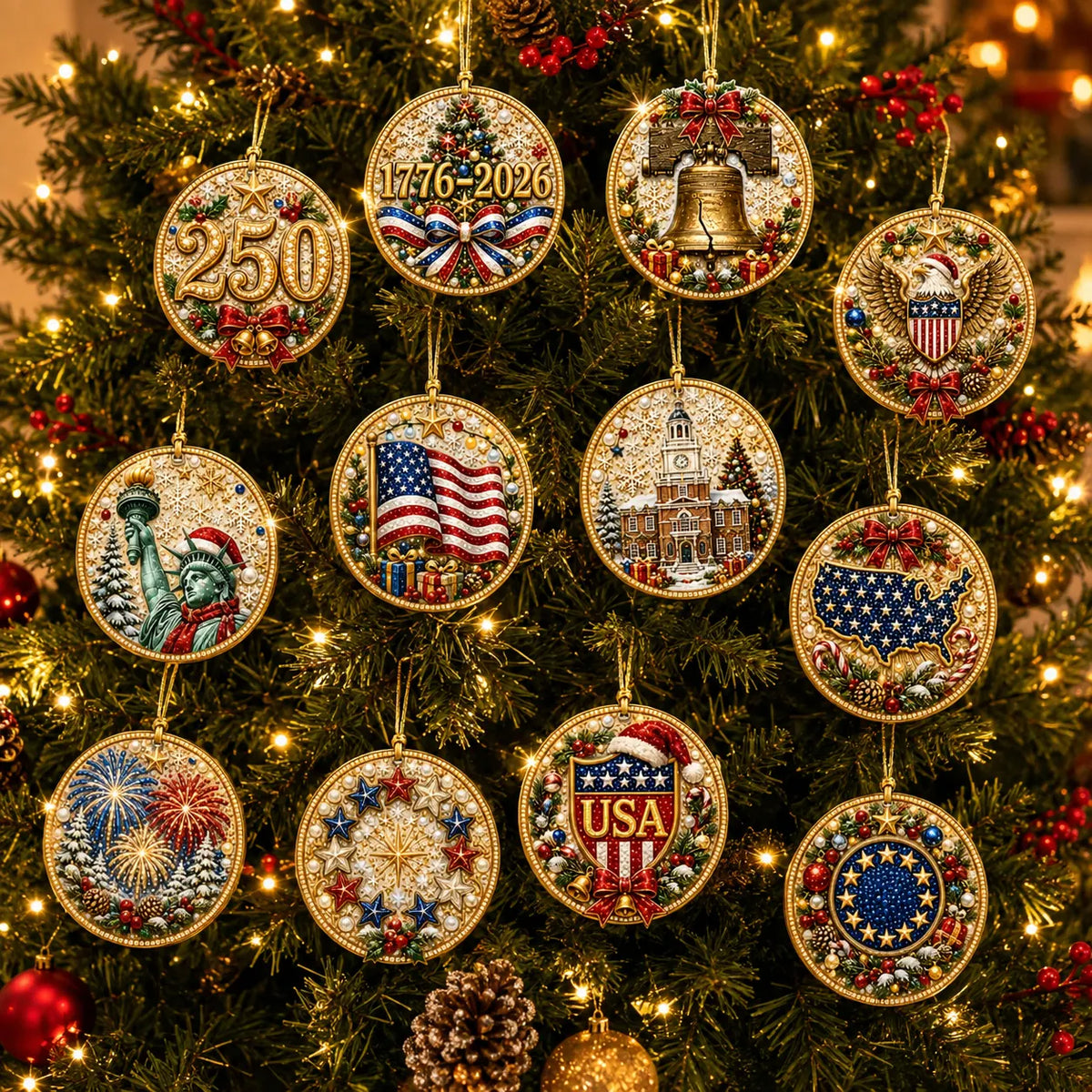 12 Pcs Diamond Painting PET Single-sided Xmas 250th Anniversary Christmas Tree Hanging Ornaments