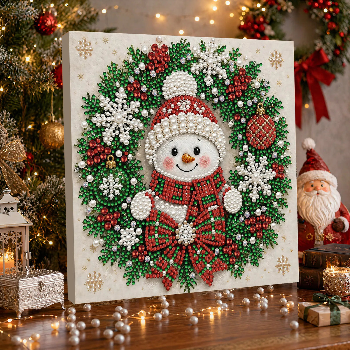 DIY Pearl Painting Christmas Snowman with Frame(20x20cm)