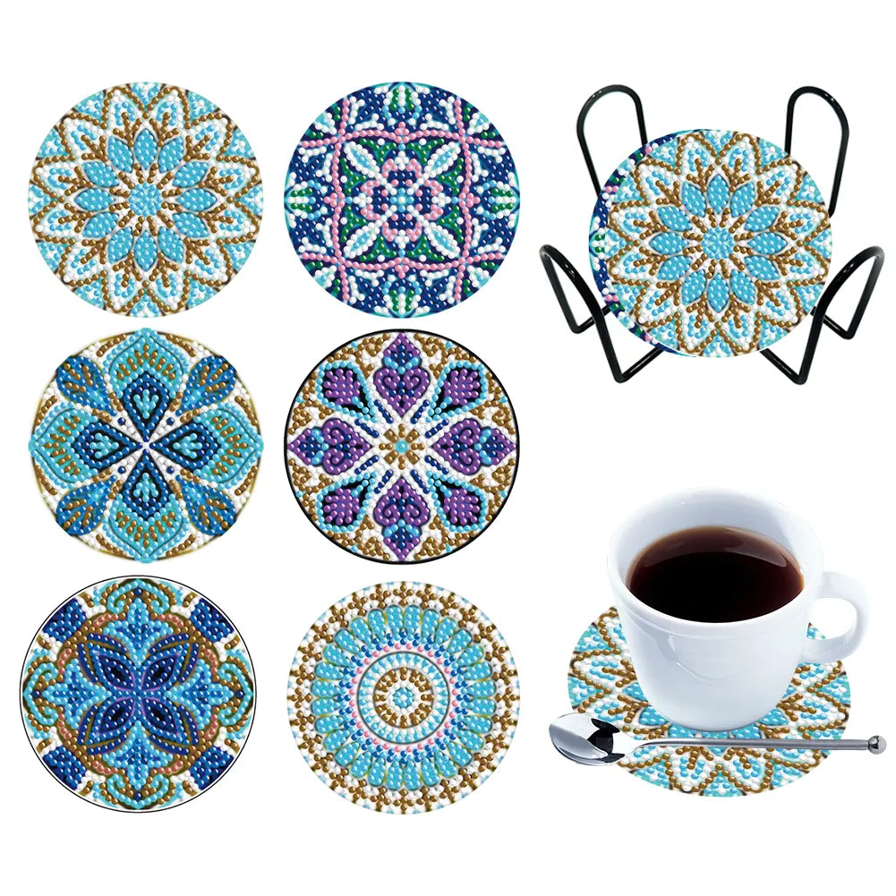 6pcs/set Diamond Crafts Coasters with Holder Wooden Kit(Mandara)