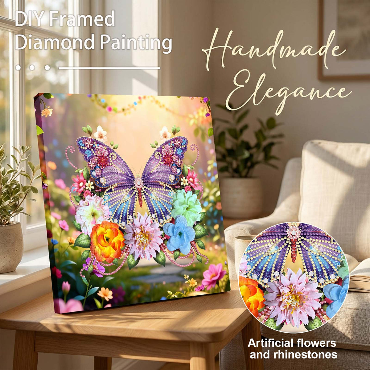 Pre-Framed 3D Rhinestones Butterfly With Artificial Flower Diamond Painting DIY Craft Kit
