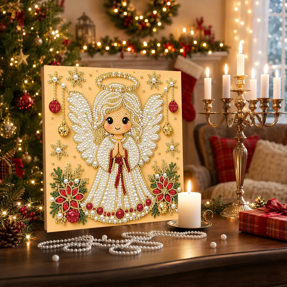 DIY Pearl Painting Christmas Angel with Frame(20x20cm)