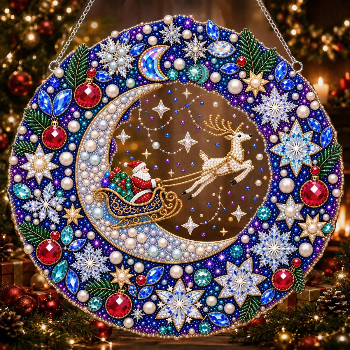 Diamond Painting Acrylic Christmas Sky Wreath Pendant For Home Wall, Door & Window Decoration