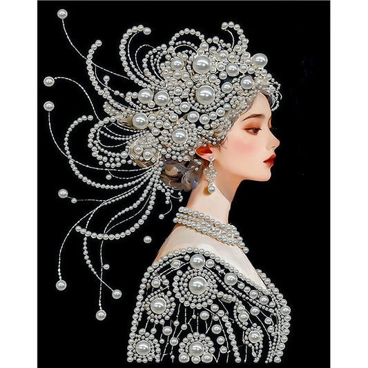 Upgrade Pearl Elegant Lady DIY Premium 5D Diamond Painting Kit Black & White Pearls painting Sparkling Special Shaped Diamond painting