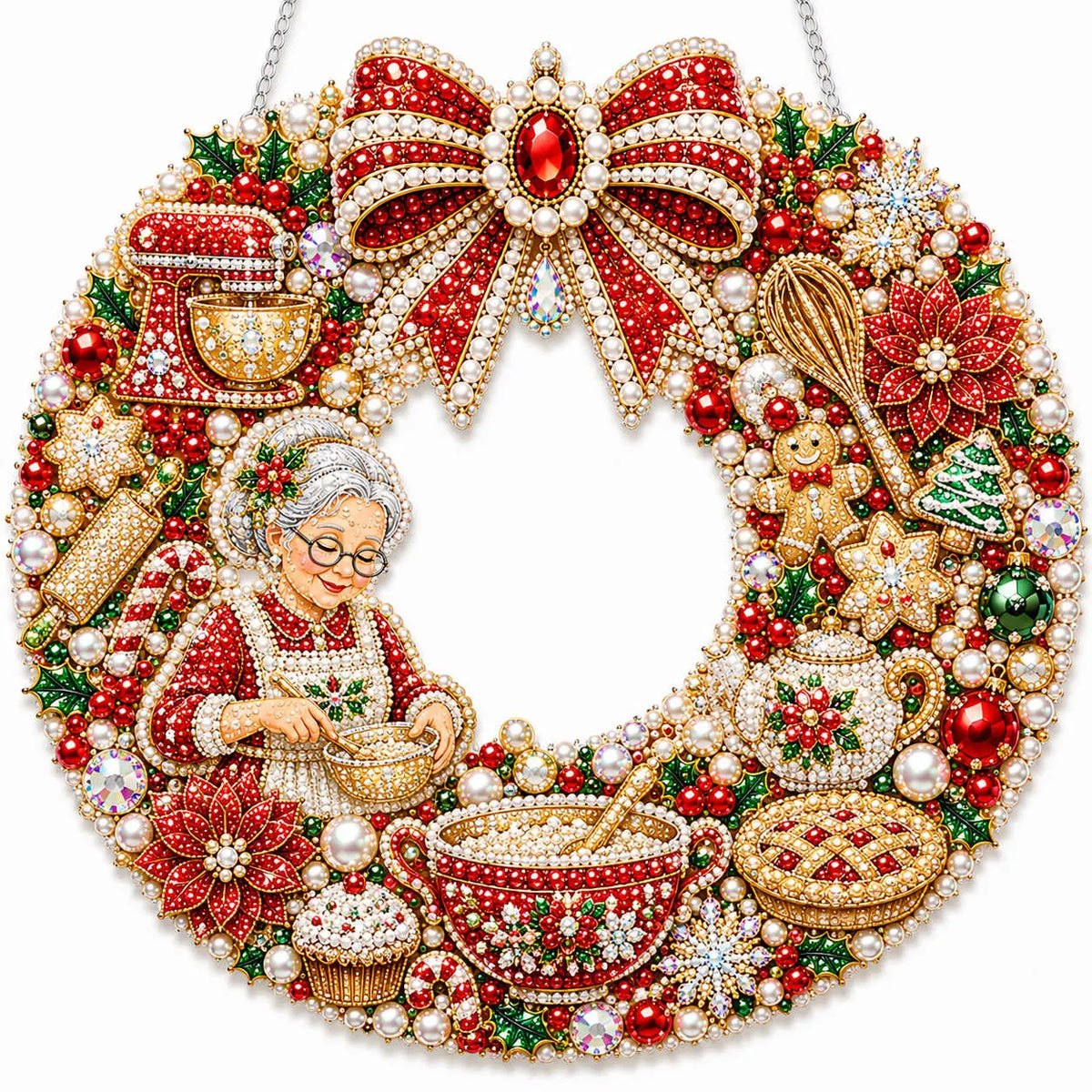 Diamond Painting Acrylic Christmas Grandmother Cooking Wreath Pendant For Home Wall, Door & Window Decoration