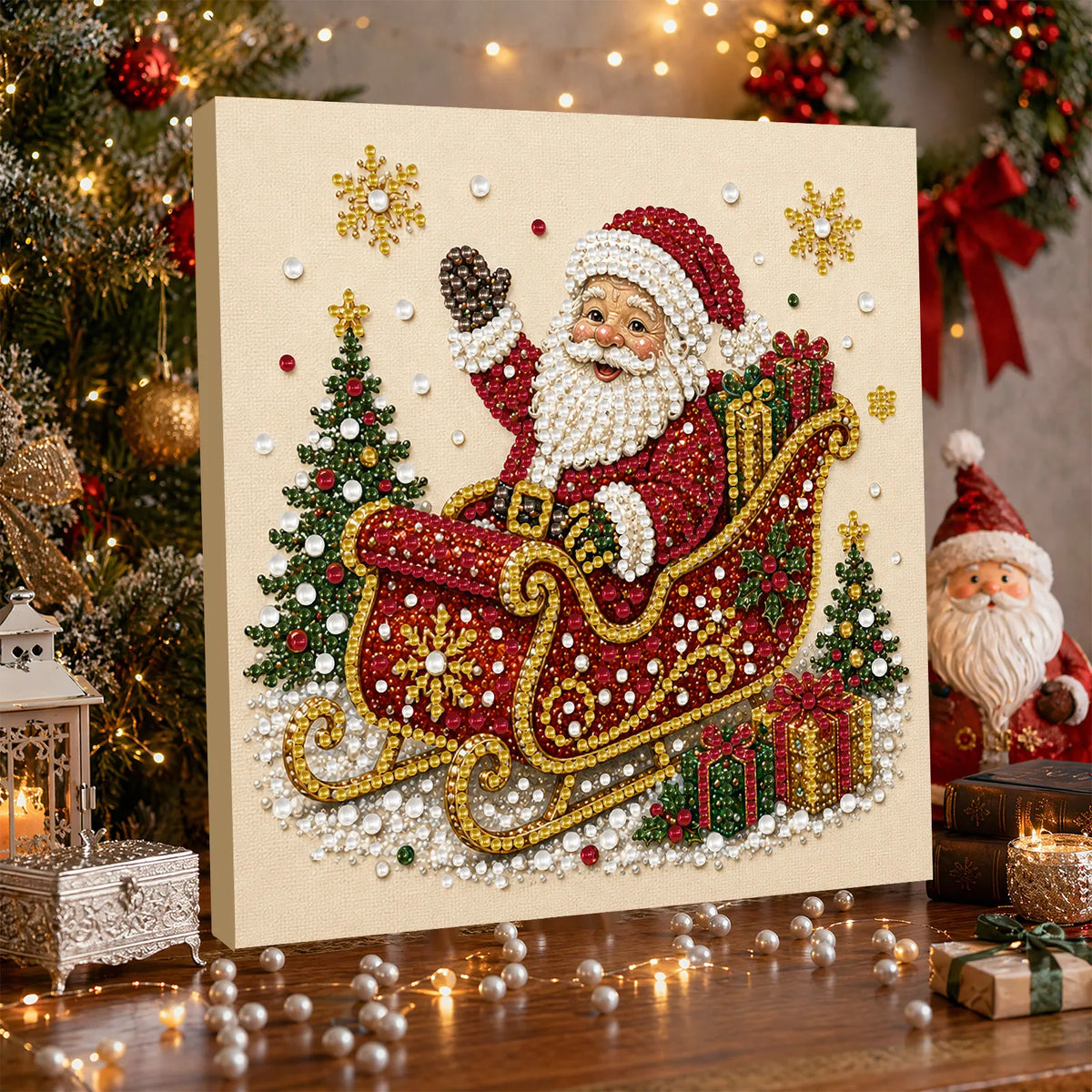 DIY Pearl Painting Xmas Santa Sleigh with Frame(20x20cm)