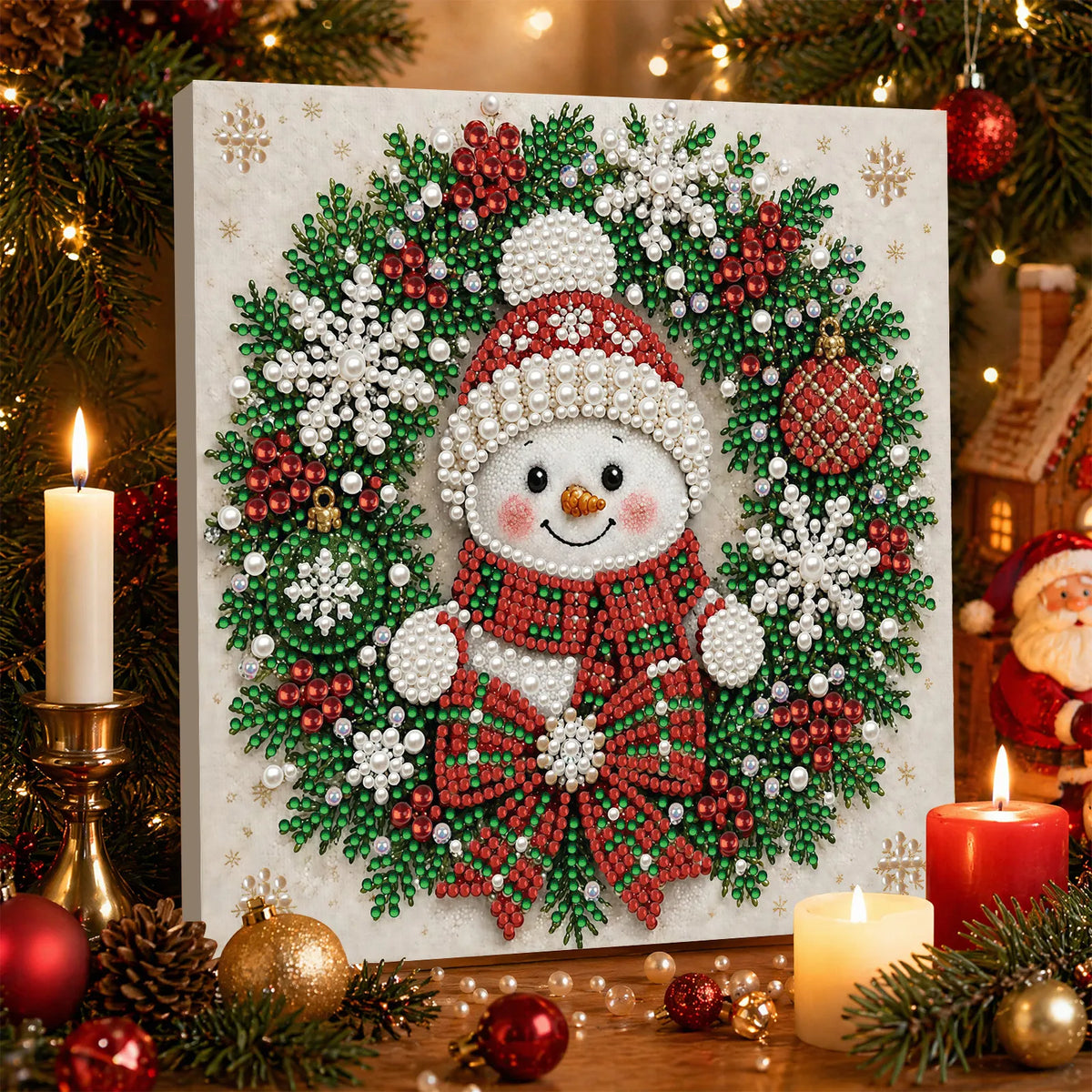 DIY Pearl Painting Christmas Snowman with Frame(20x20cm)