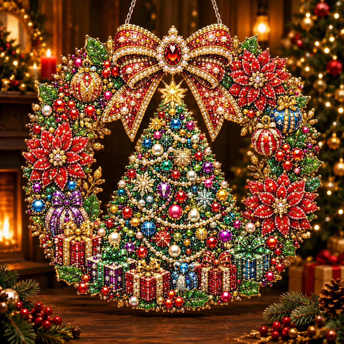 Diamond Painting Acrylic Christmas Tree Wreath Pendant For Home Wall, Door & Window Decoration