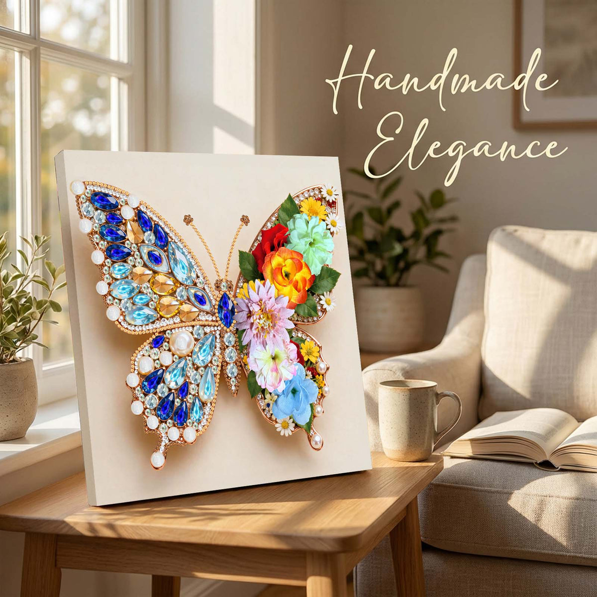 Pre-Framed 3D Rhinestones Butterfly With Artificial Flower Diamond Painting DIY Craft Kit