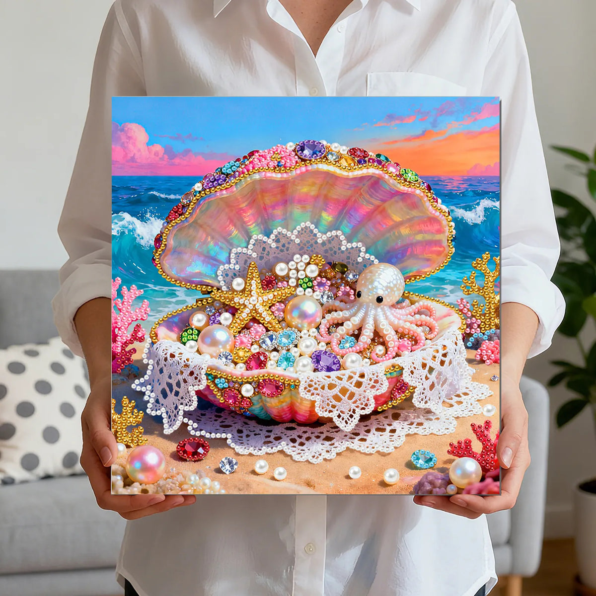 Framed Dreamy Pearl Seashell - Pearls Painting Kit for Creativity DIY Pearl Dot Crafts for Gift Home Wall Decor 25*25CM