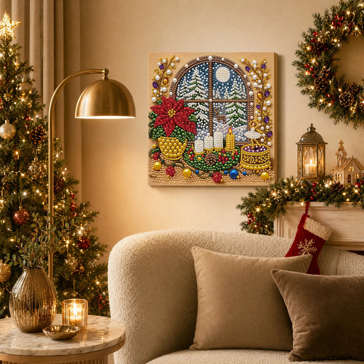DIY Pearl Painting Christmas Window View with Frame(20x20cm)