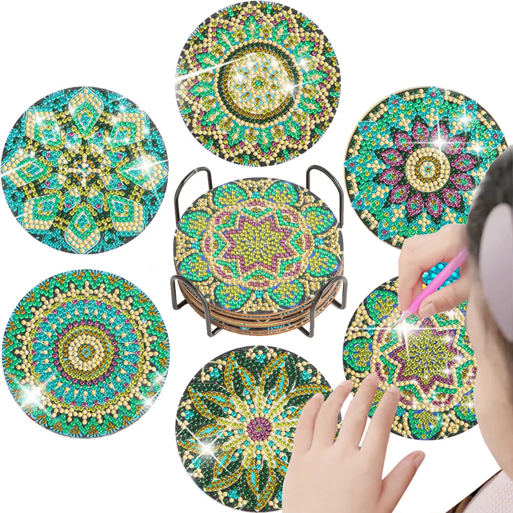 6pcs DIY Anti Slip Green Mandala Coasters Stackable Creative for Tabletop Protection
