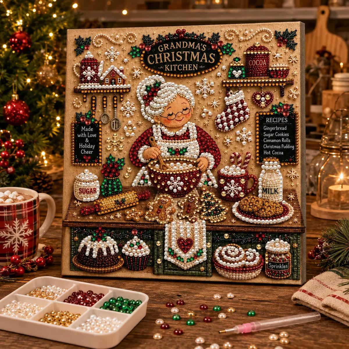 DIY Pearl Painting  Xmas Kitchen with Frame(20x20cm)