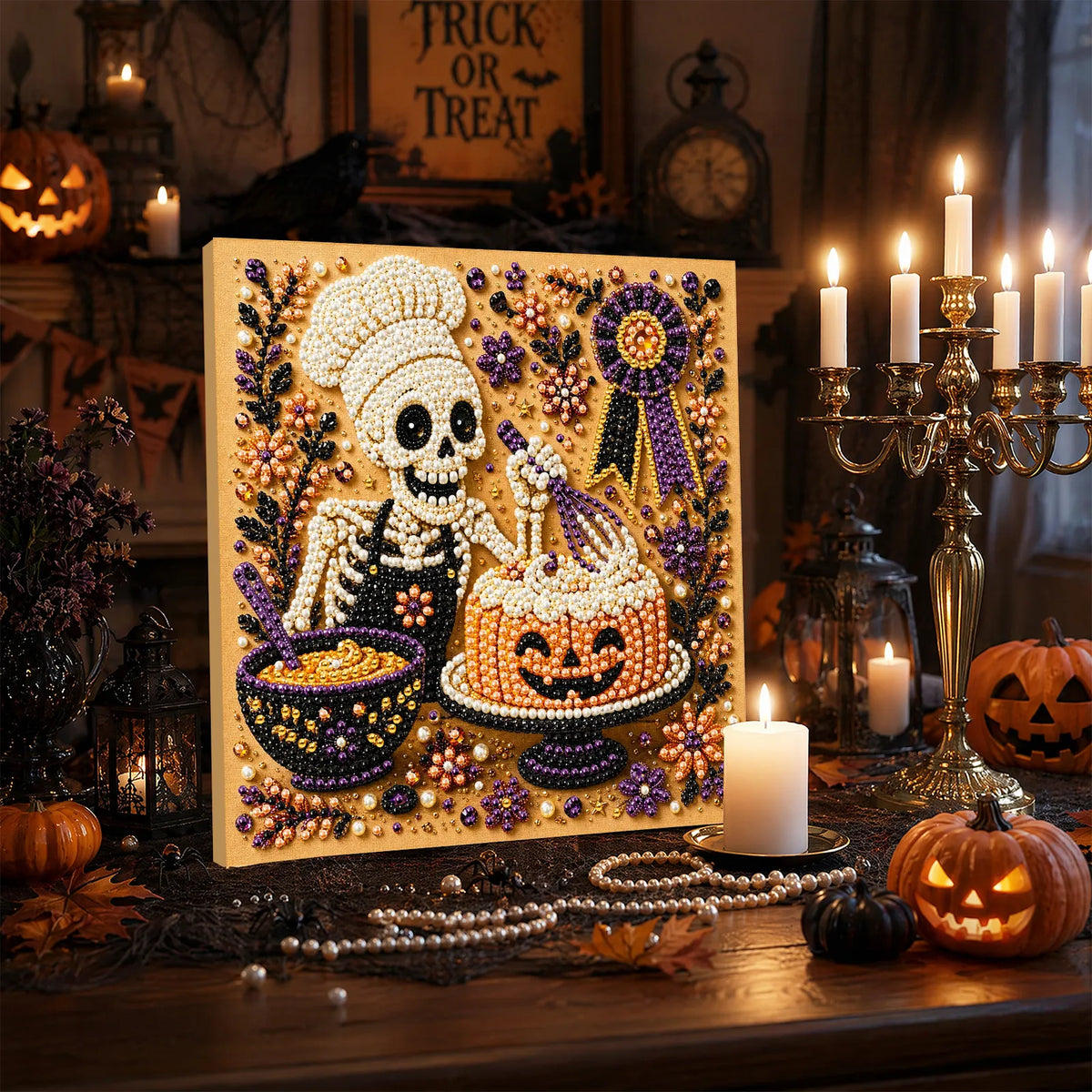 DIY Pearl Painting Halloween Cuisine with Frame(20x20cm)