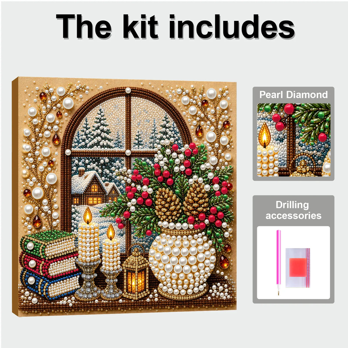 DIY Pearl Painting Christmas Window View with Frame(20x20cm)