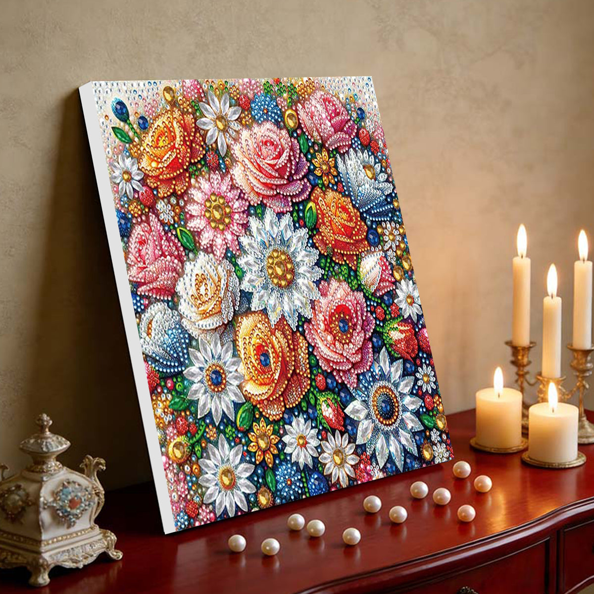 Flower DIY Special Shape Drill Art Craft Pearl Diamond Painting with Frame 25x25cm Diamond Art Pearl Painting Kit for Adults Beginners Home Decor