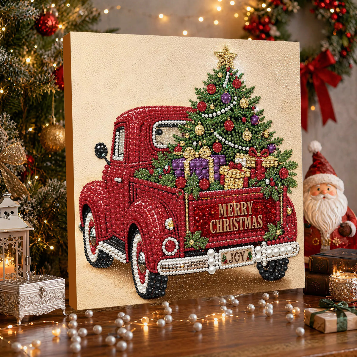 DIY Pearl Painting Christmas Red Car with Frame(30x30cm)