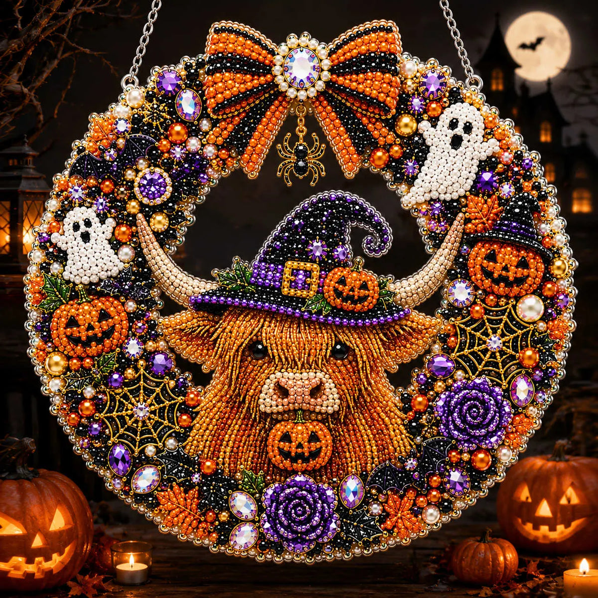 Diamond Painting Acrylic Halloween Highland Cow Wreath Pendant For Home Wall, Door & Window Decoration