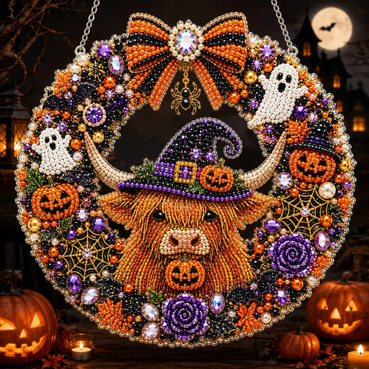 Diamond Painting Acrylic Halloween Highland Cow Wreath Pendant For Home Wall, Door & Window Decoration