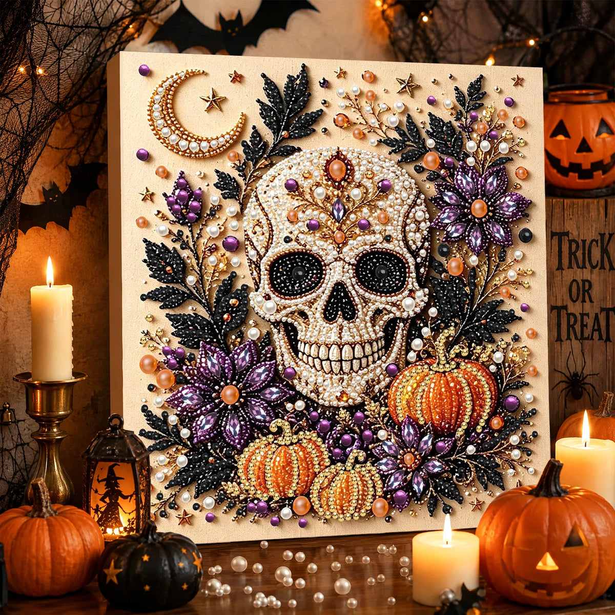 DIY Pearl Painting Halloween Skeletons with Frame(20x20cm)