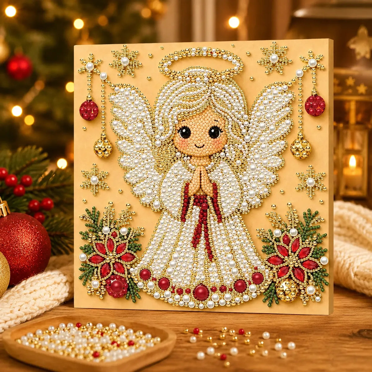 DIY Pearl Painting Christmas Angel with Frame(20x20cm)