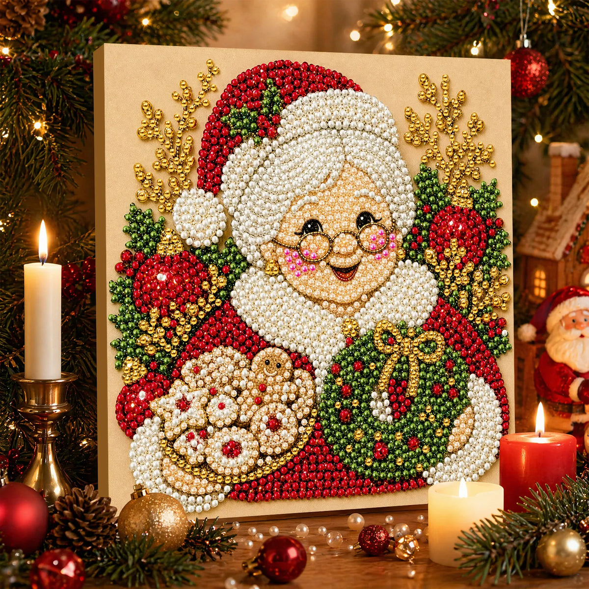 DIY Pearl Painting Christmas Gandmother with Frame(20x20cm)