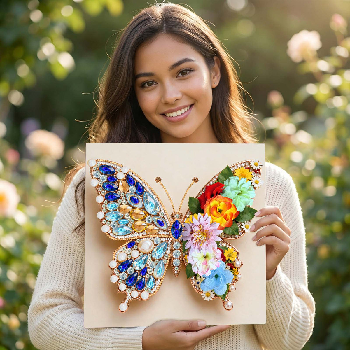 Pre-Framed 3D Rhinestones Butterfly With Artificial Flower Diamond Painting DIY Craft Kit