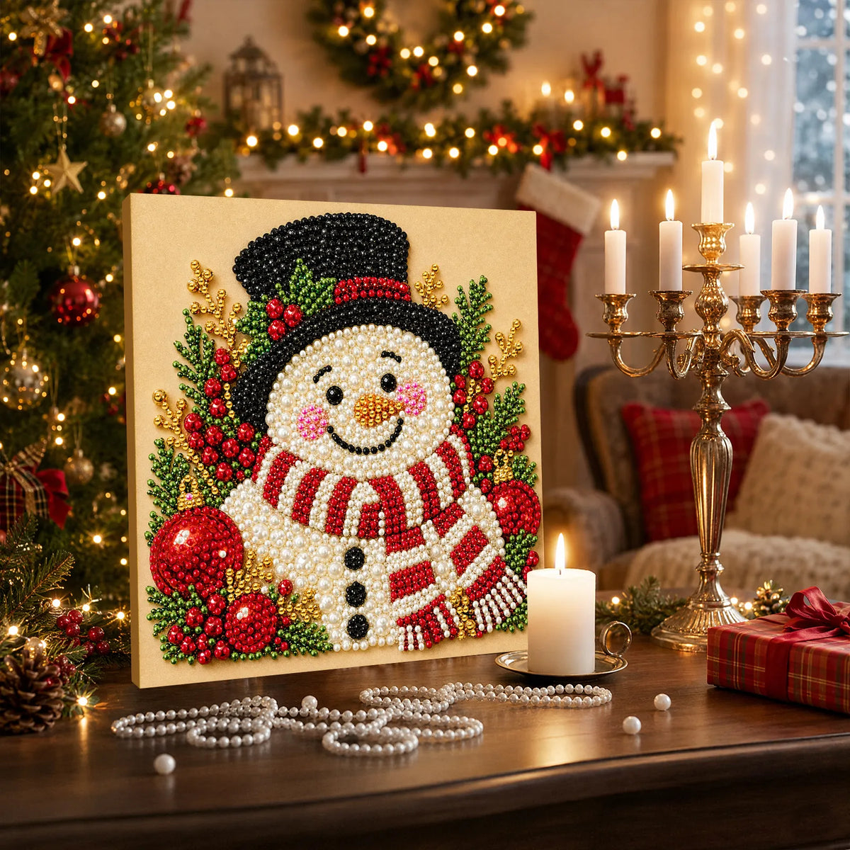 DIY Pearl Painting Christmas Snowman with Frame(20x20cm)
