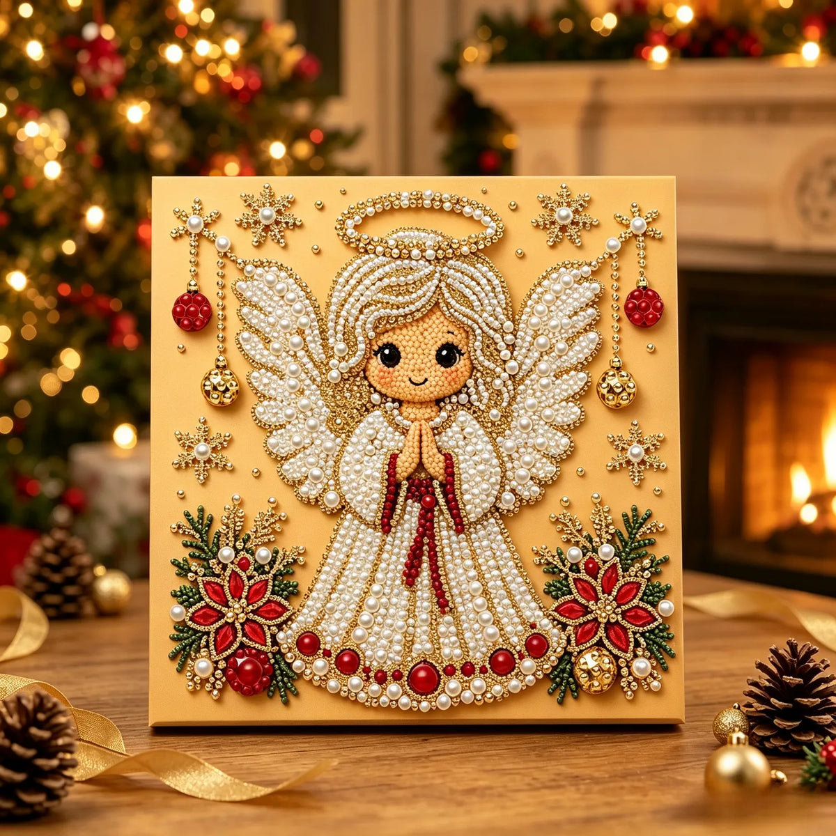 DIY Pearl Painting Christmas Angel with Frame(20x20cm)