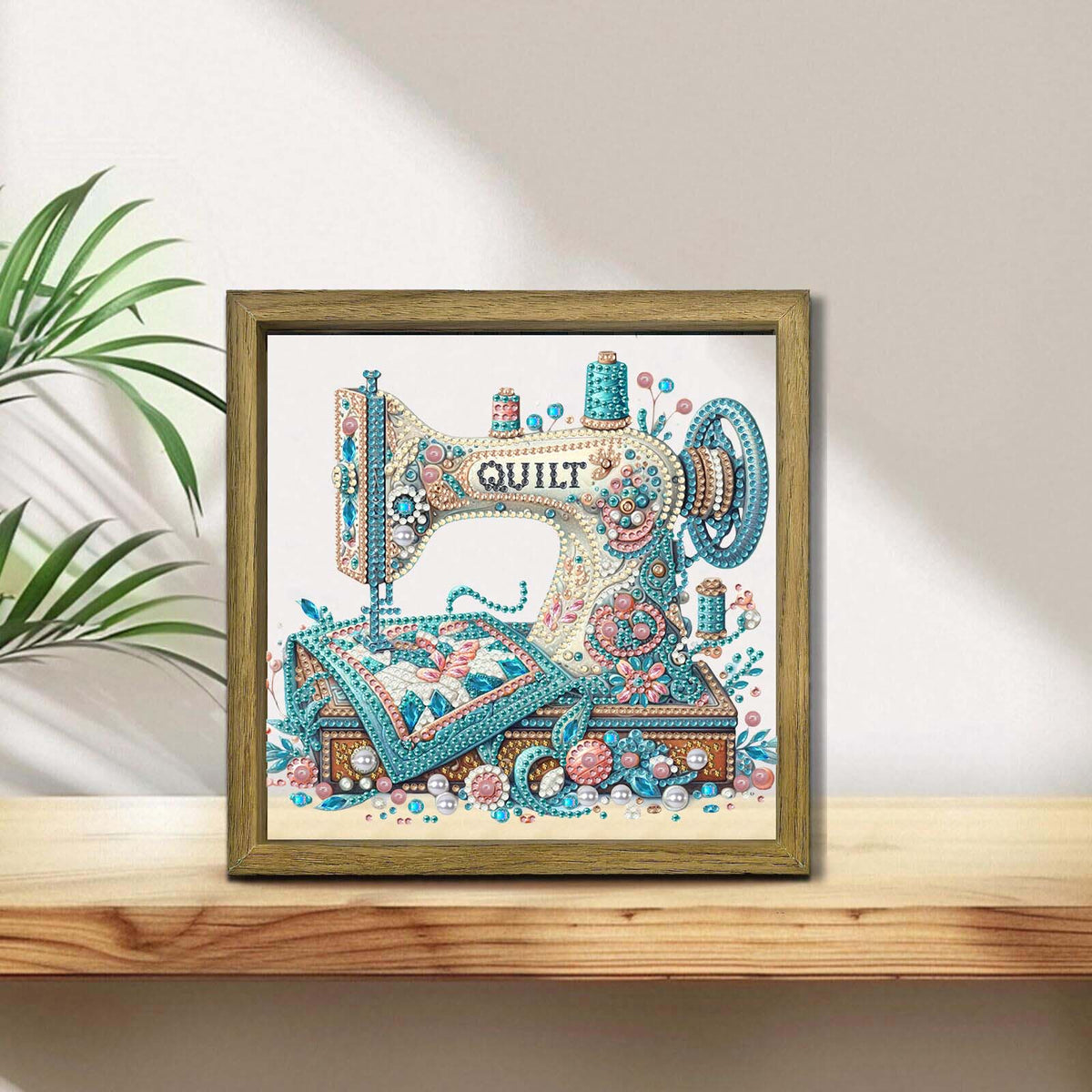 Sewing Machine DIY Special Shape Double sided Print Clear Diamond Art Kit Wooden Framed Diamond Painting Kit(22x22cm)
