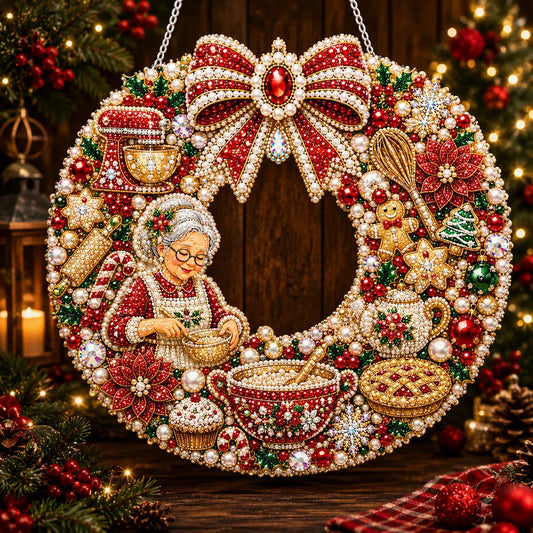 Diamond Painting Acrylic Christmas Grandmother Cooking Wreath Pendant For Home Wall, Door & Window Decoration
