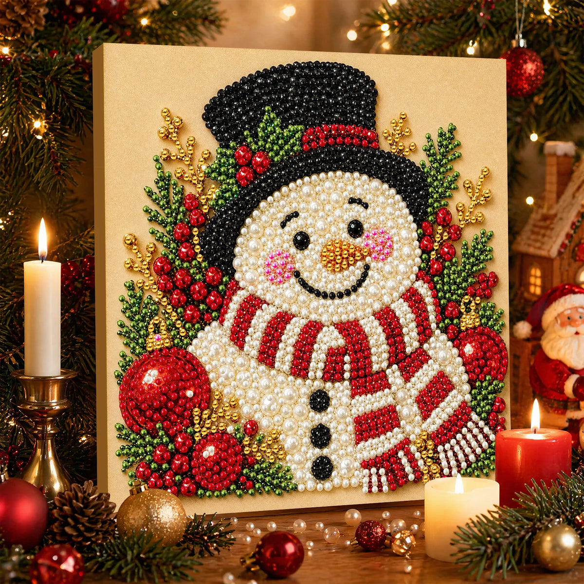 DIY Pearl Painting Christmas Snowman with Frame(20x20cm)