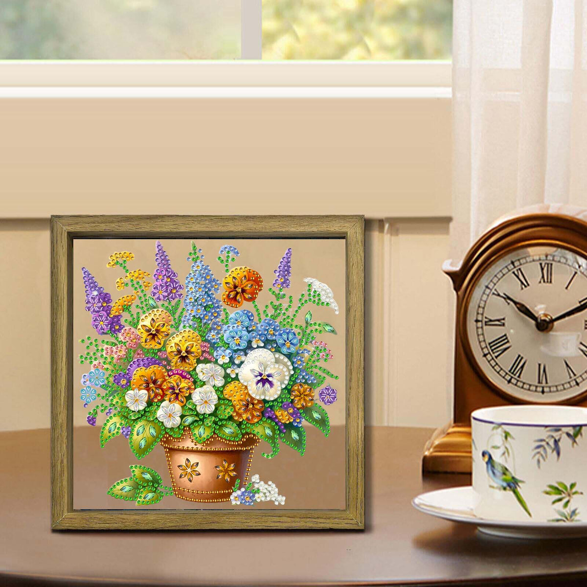 Flower DIY Special Shape Double sided Print Clear Diamond Art Kit Wooden Framed Diamond Painting Kit(22x22cm)