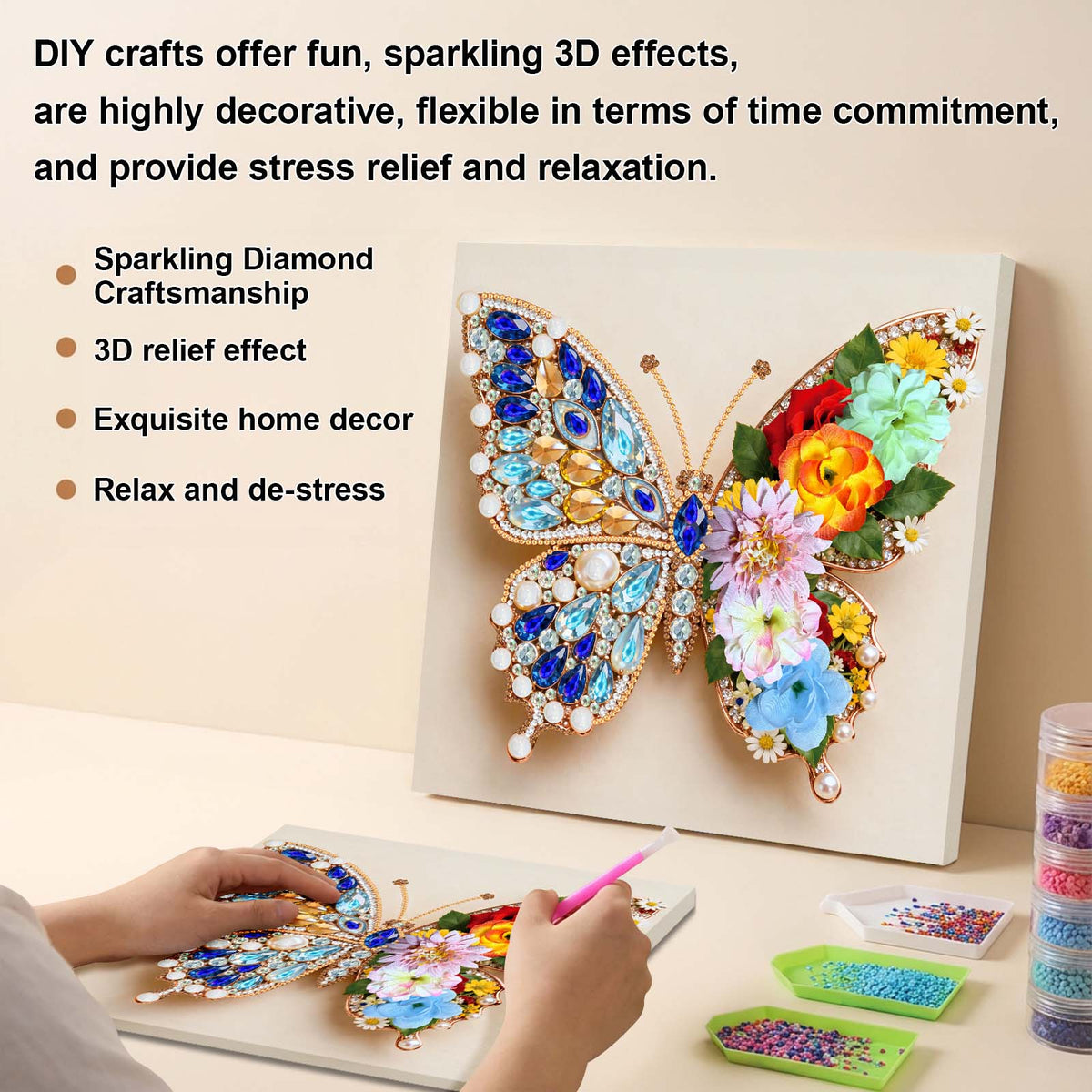 Pre-Framed 3D Rhinestones Butterfly With Artificial Flower Diamond Painting DIY Craft Kit