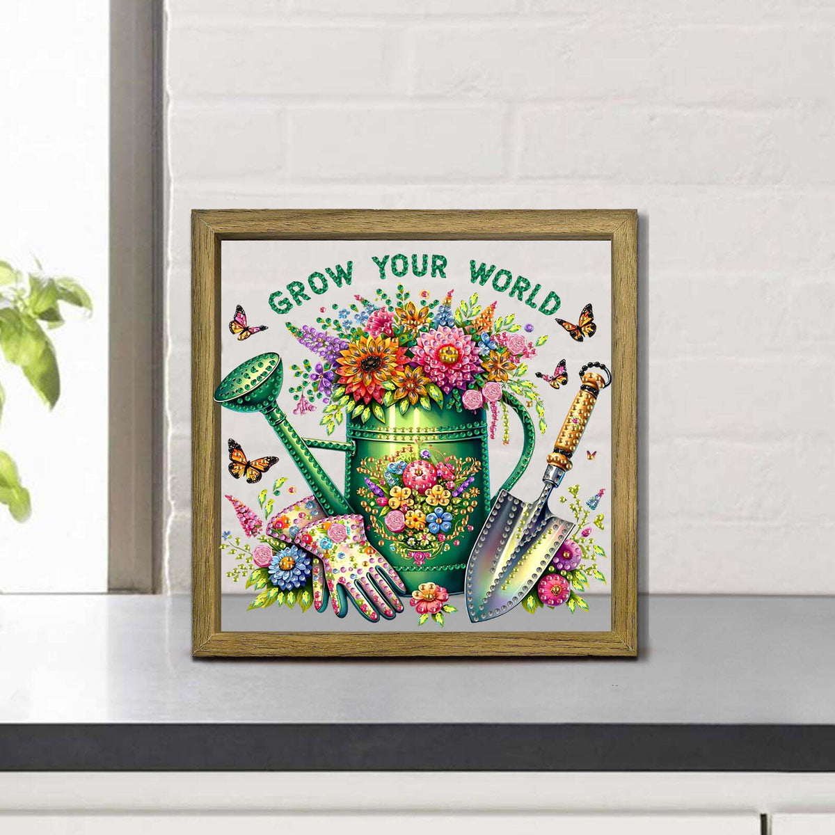 Watering Can DIY Special Shape Double sided Print Clear Diamond Art Kit Wooden Framed Diamond Painting Kit(22x22cm)