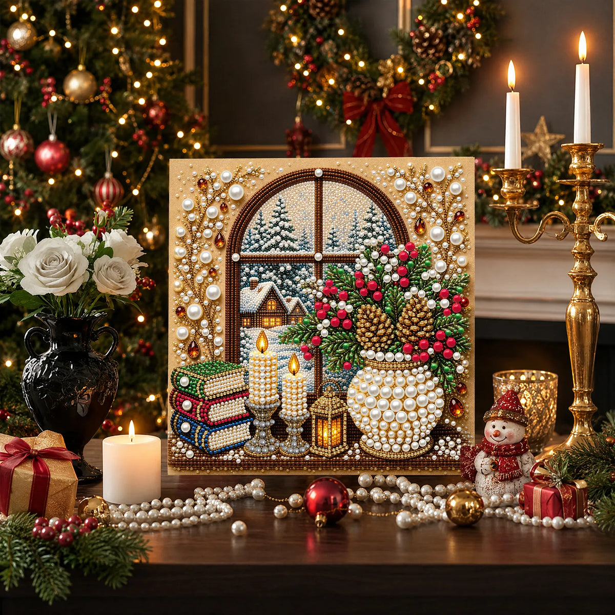 DIY Pearl Painting Christmas Window View with Frame(20x20cm)