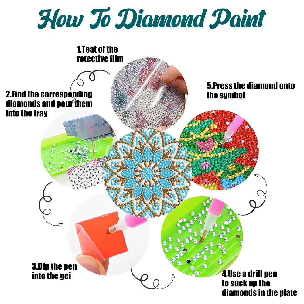 6pcs/set Diamond Crafts Coasters with Holder Wooden Kit(Mandara)