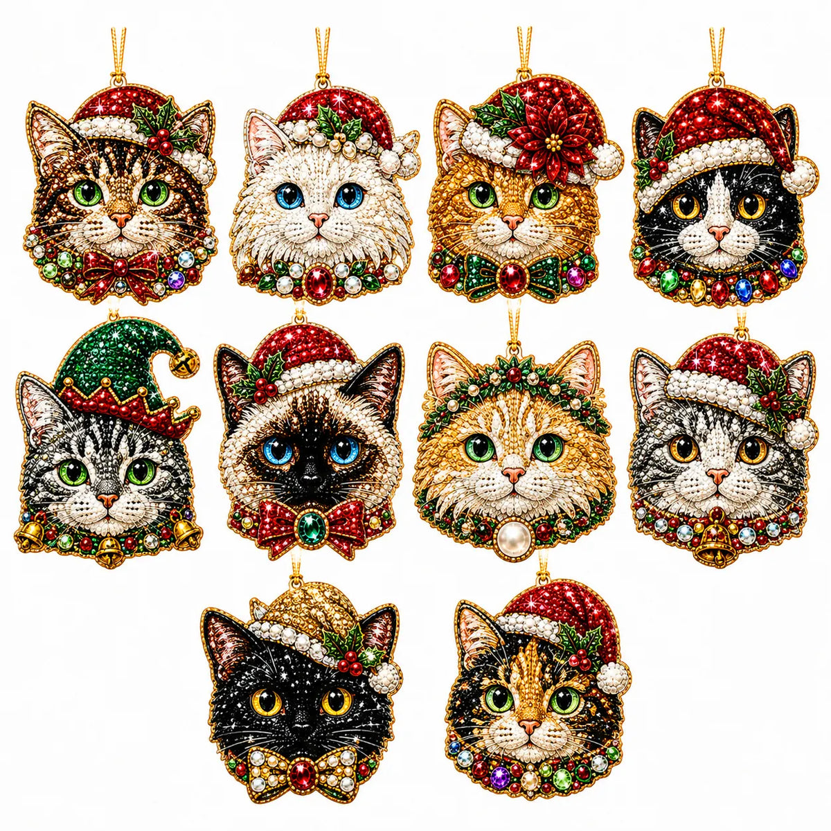 10Pcs Diamond Painting Acrylic Cat Christmas Tree Ornament for Decorations