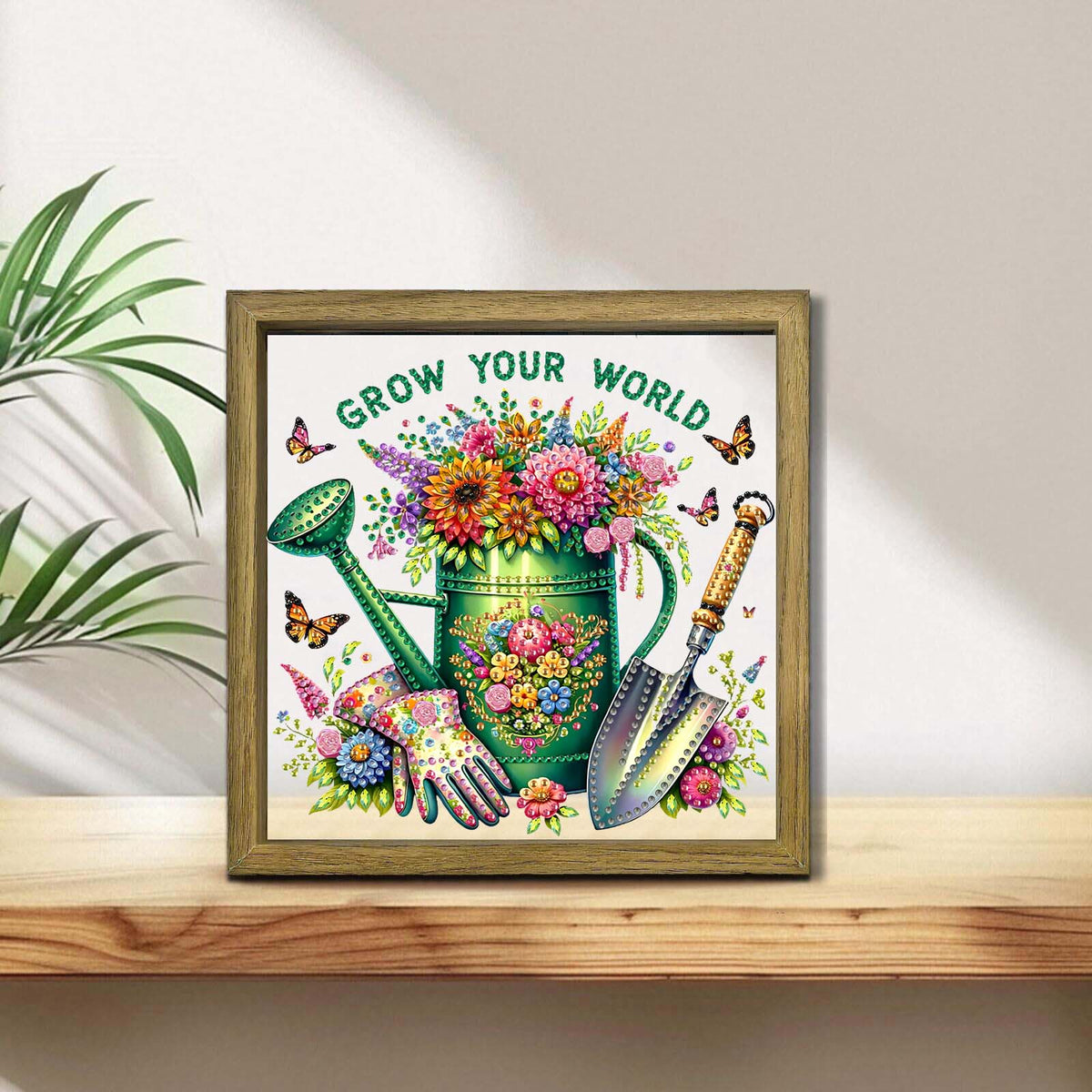 Watering Can DIY Special Shape Double sided Print Clear Diamond Art Kit Wooden Framed Diamond Painting Kit(22x22cm)