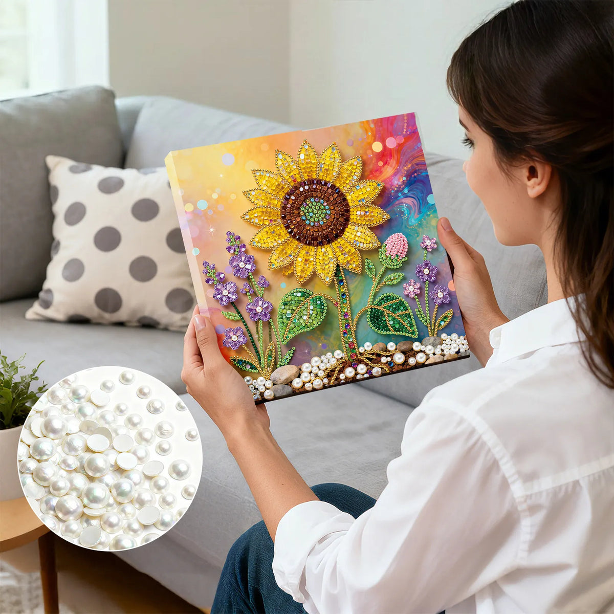 Framed Sunflower - Pearls Painting Kit for Creativity DIY Pearl Dot Crafts for Gift Home Wall Decor 25*25CM