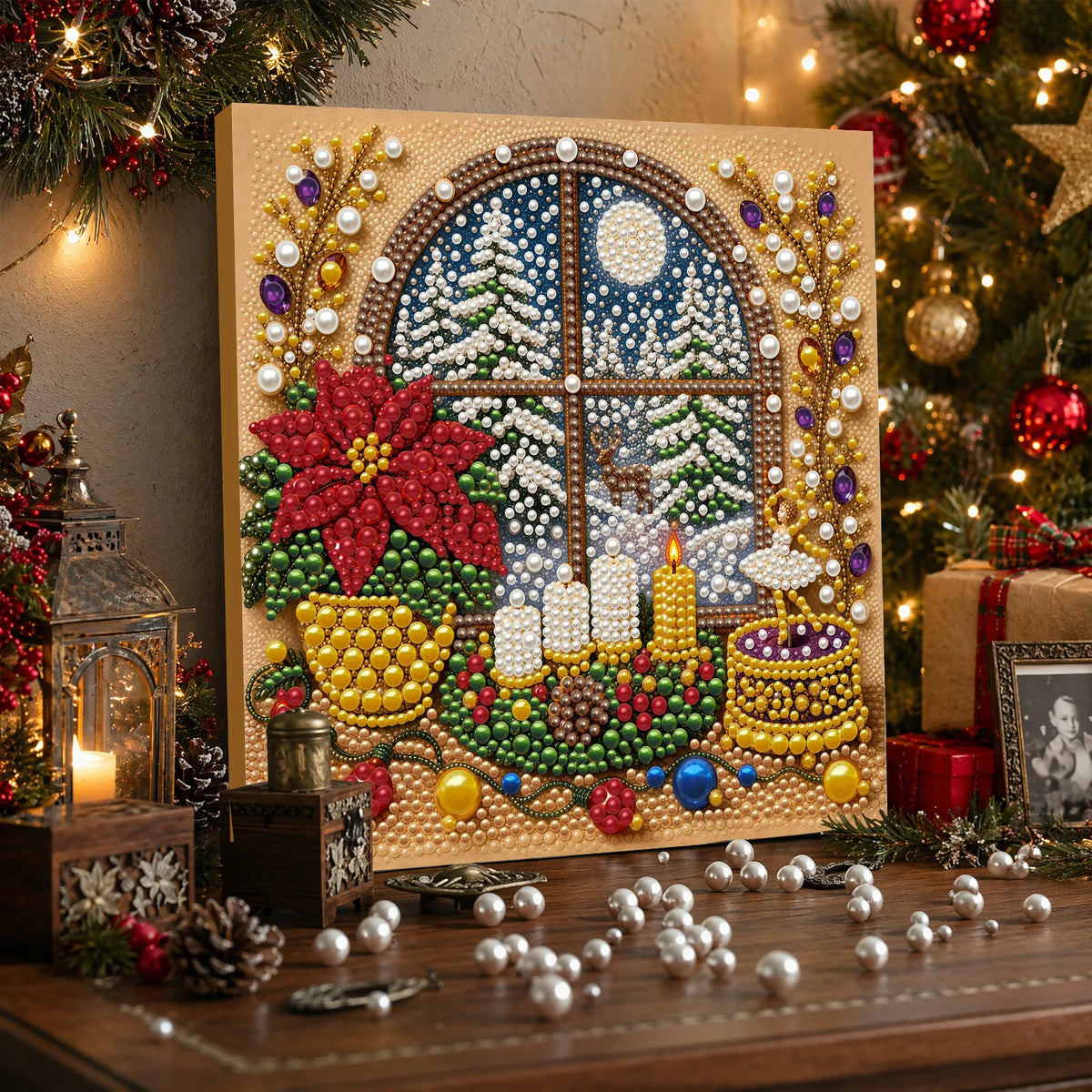 DIY Pearl Painting Christmas Window View with Frame(20x20cm)